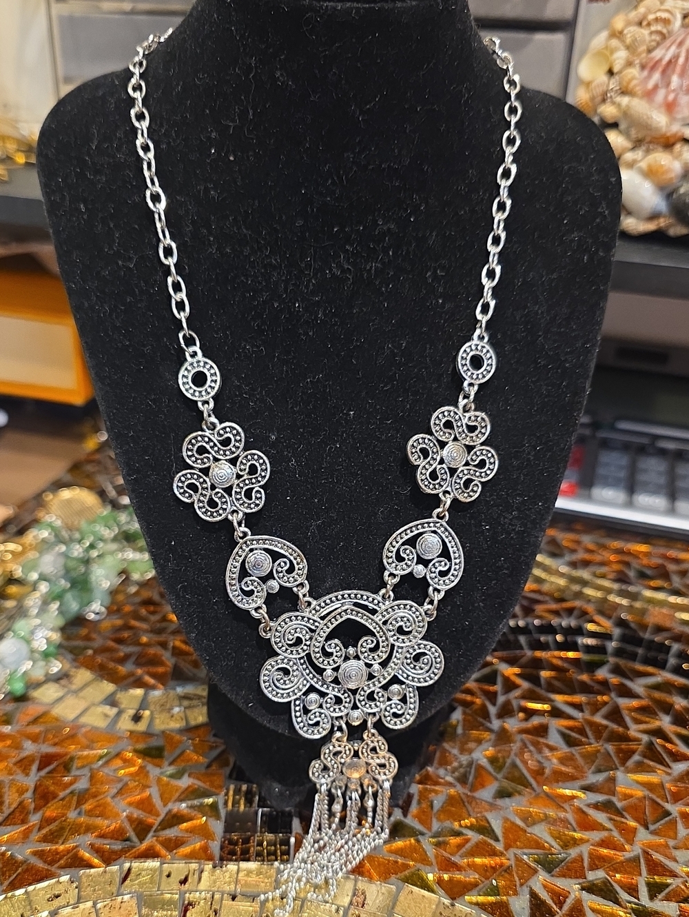 Source Unknown Silver Filigree Tassel Necklace